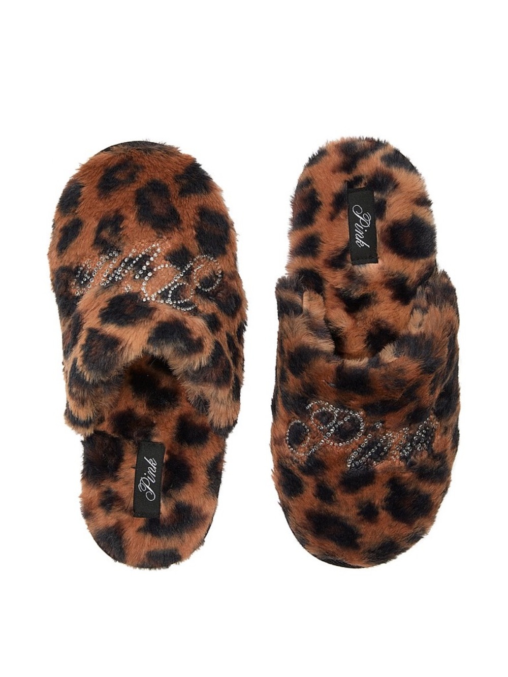 PINK Victoria's Secret Leopard Print Fuzzy Slide Slippers with Rhinestone Logo